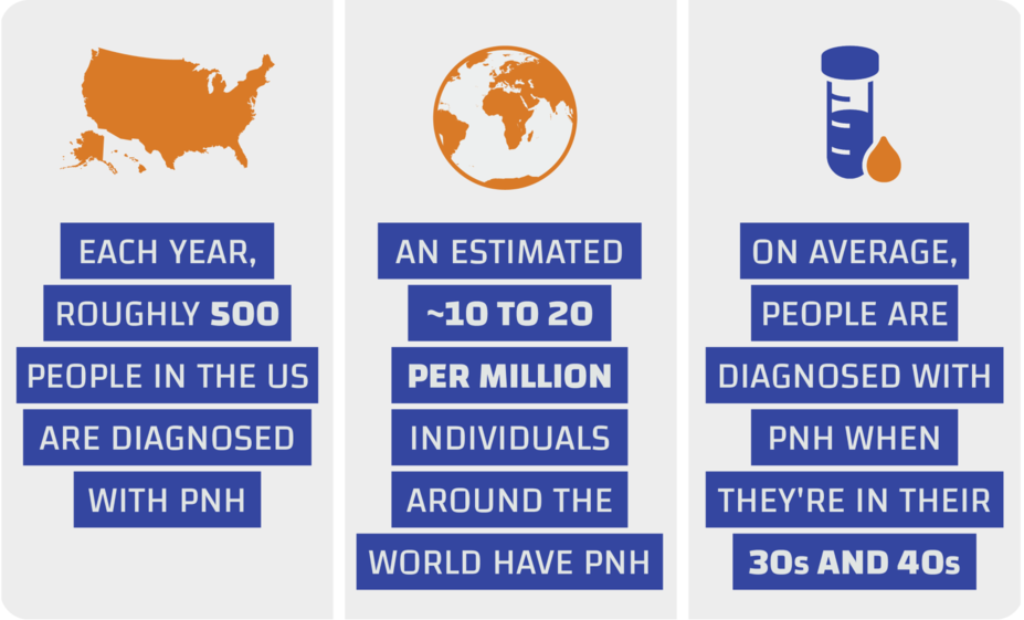 About 500 people are diagnosed with PNH in the U.S. each year. An estimated ~10 to 20 per million individuals around the world have PNH. On average, people are diagnosed with PNH when they’re in their 30s and 40s.